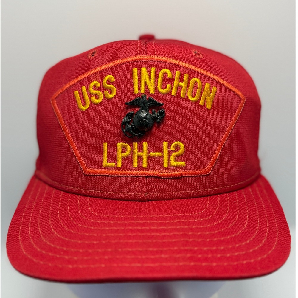 USS Inchon LPH-12 Hat Mens Vintage Snapback Red USMC Made in USA Cap